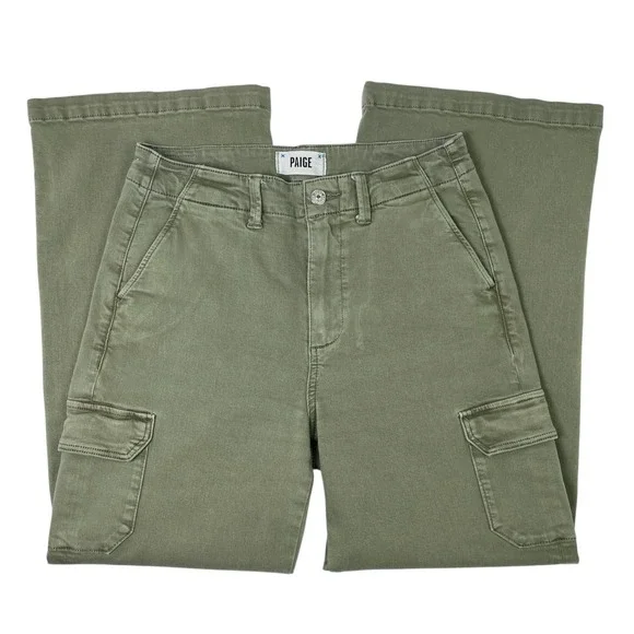 PAIGE Cargo Jeans Wide Leg‎ Crop Sz 27 Ivy Green High Rise Stretch Anthropologie - Picture 3 of 12